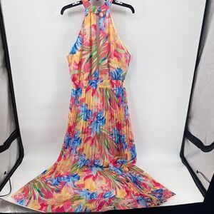Kentucky Derby Floral Print Halter Maxi Dress Pleated Pink Blue Yellow Size L